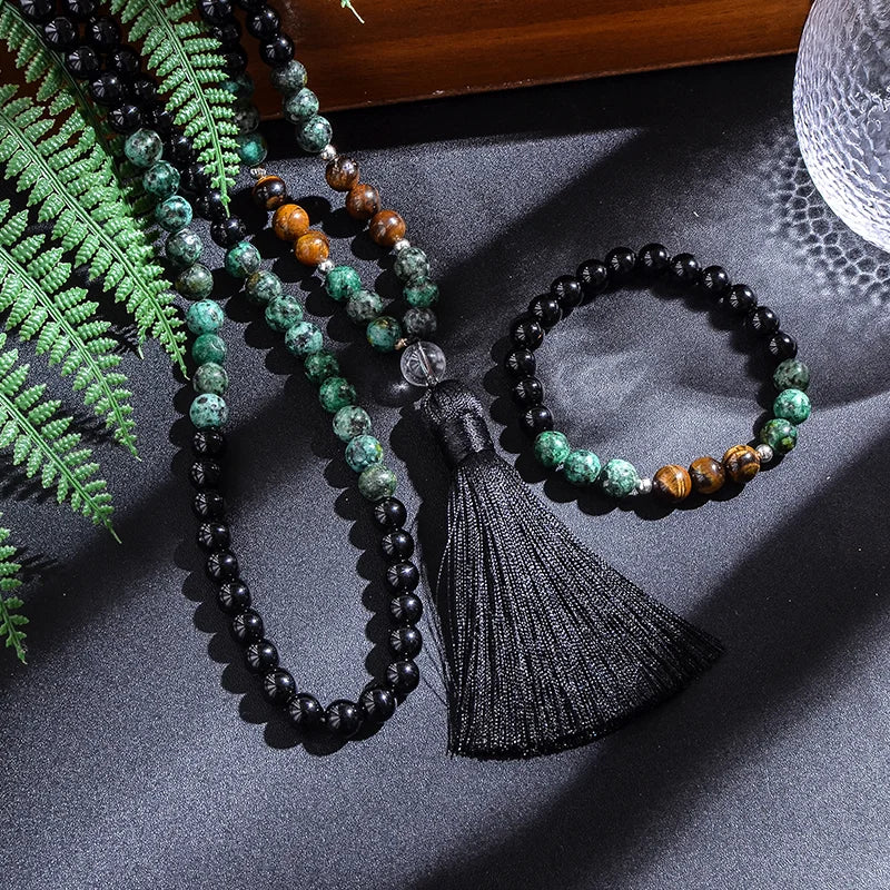 Ensemble Collier/Bracelet avec Perles en Lave oeil de Tigre